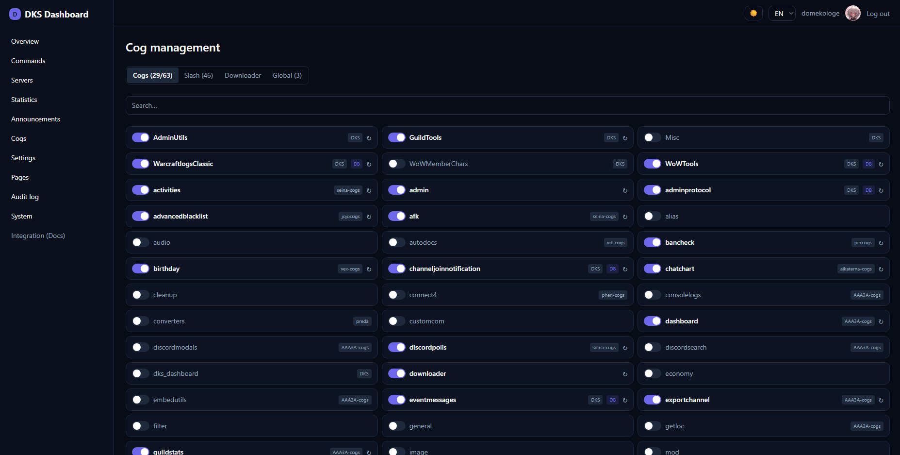 Screenshot: the /cogs management page