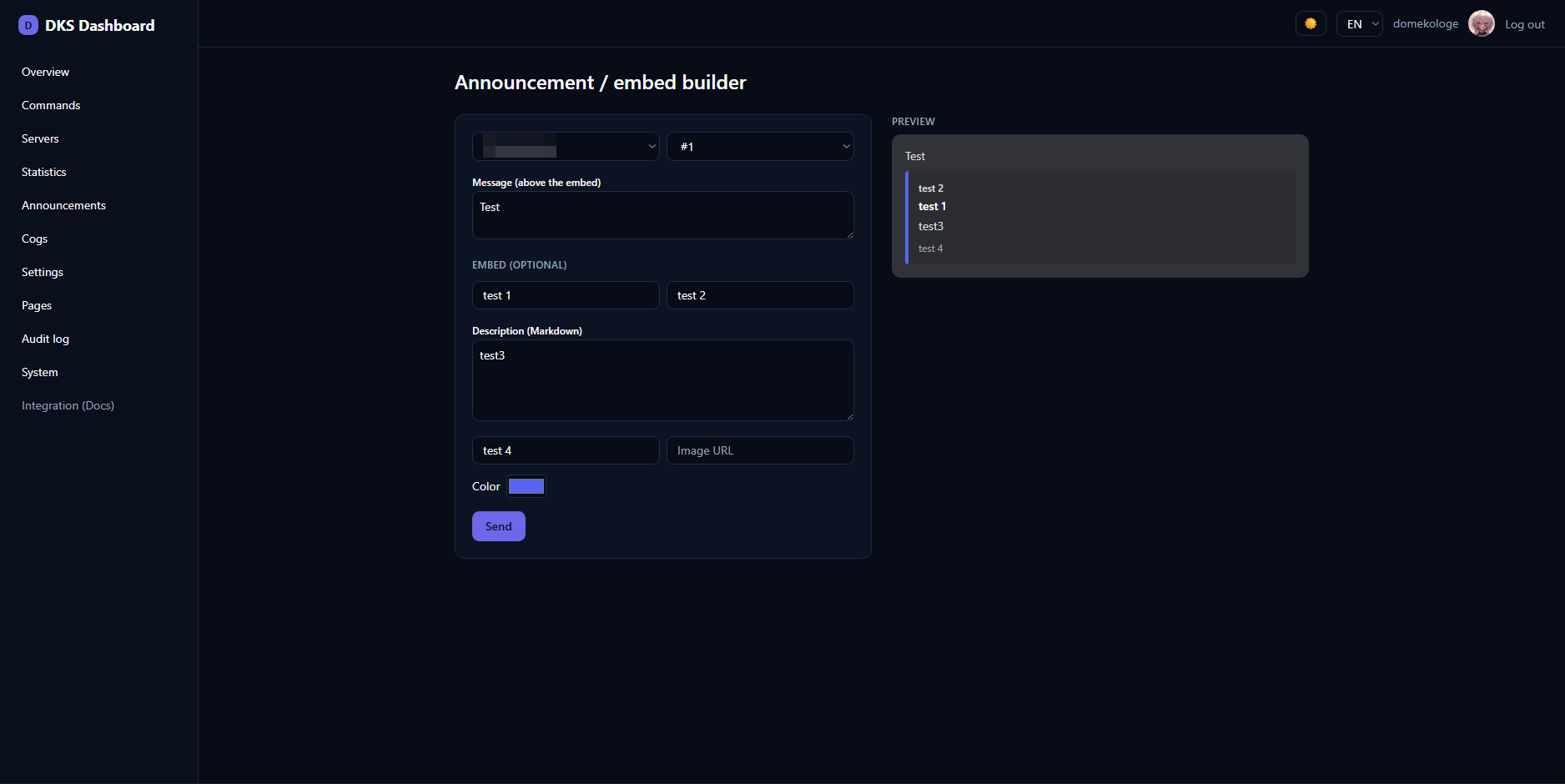 Screenshot: Ankündigungs-Builder mit Embed-Vorschau