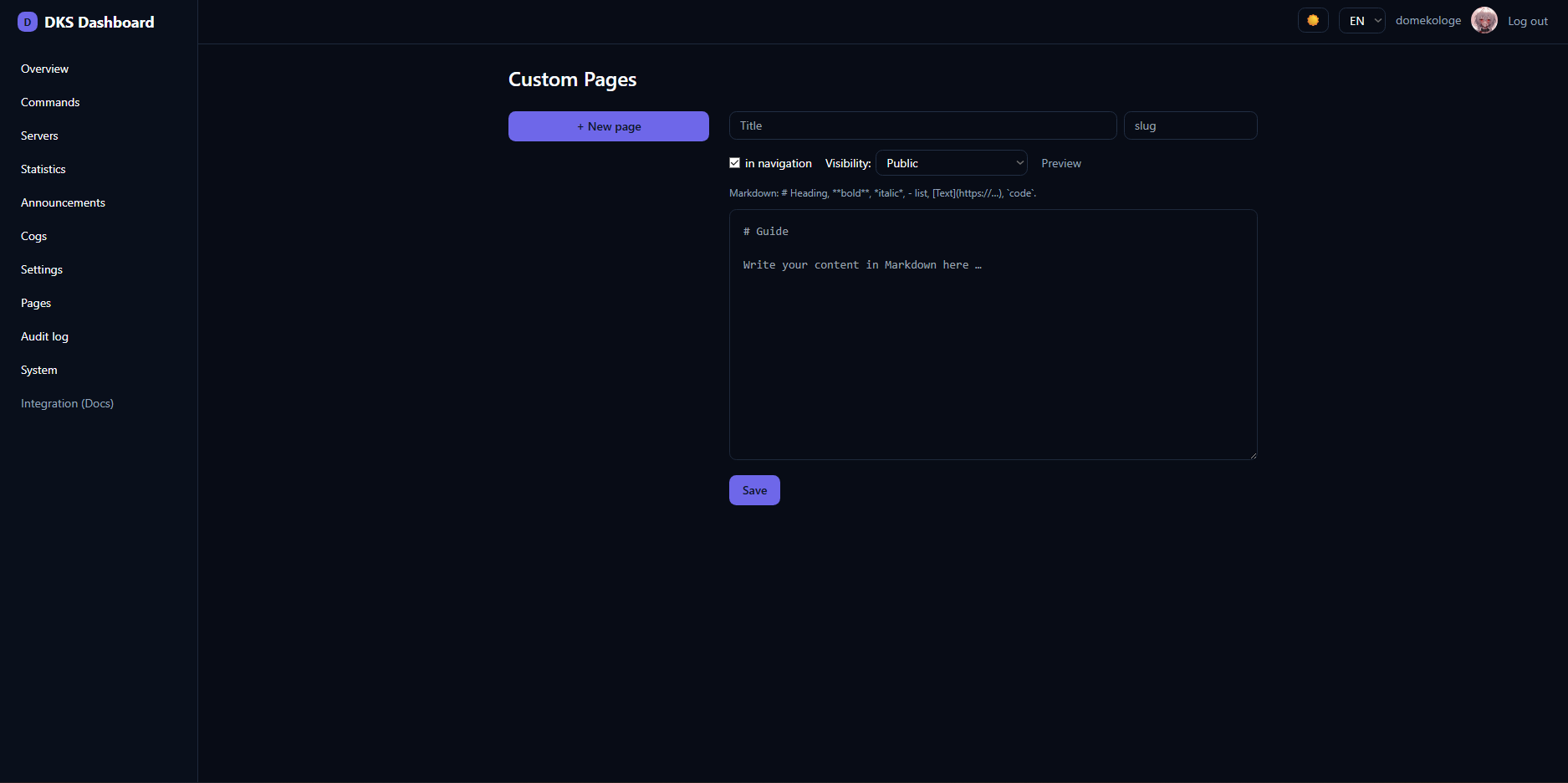 Screenshot: the custom-pages Markdown editor with live preview