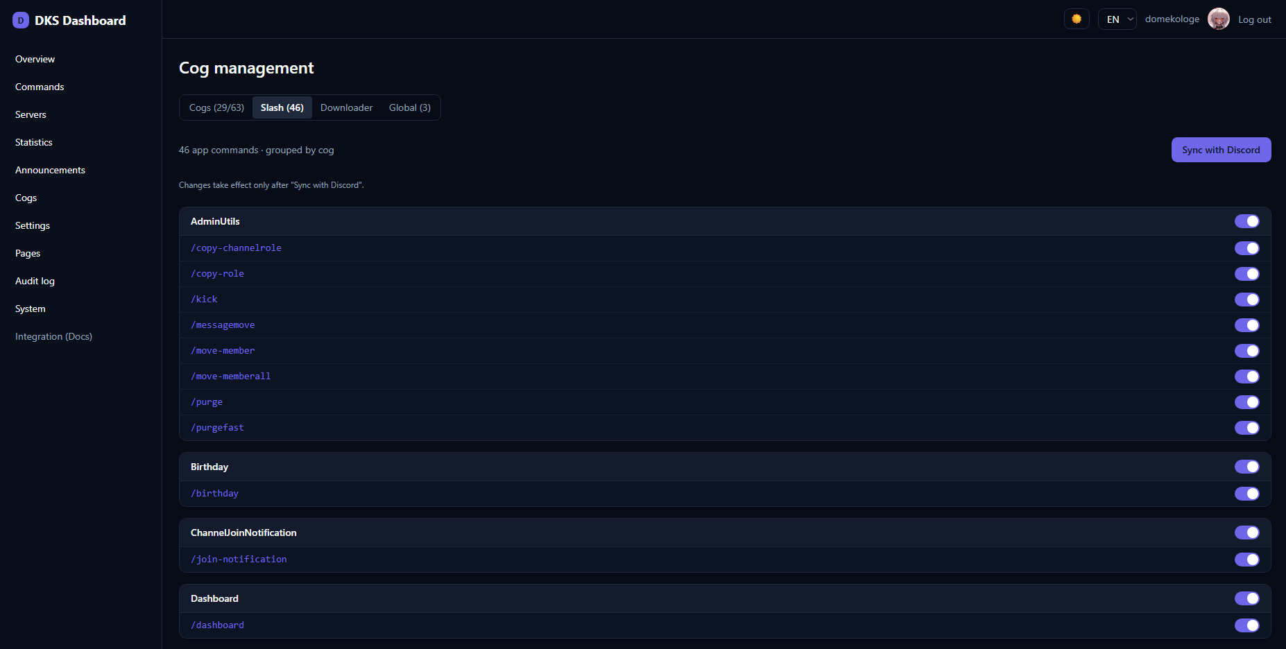 Screenshot: Slash tab grouped by cog with toggles