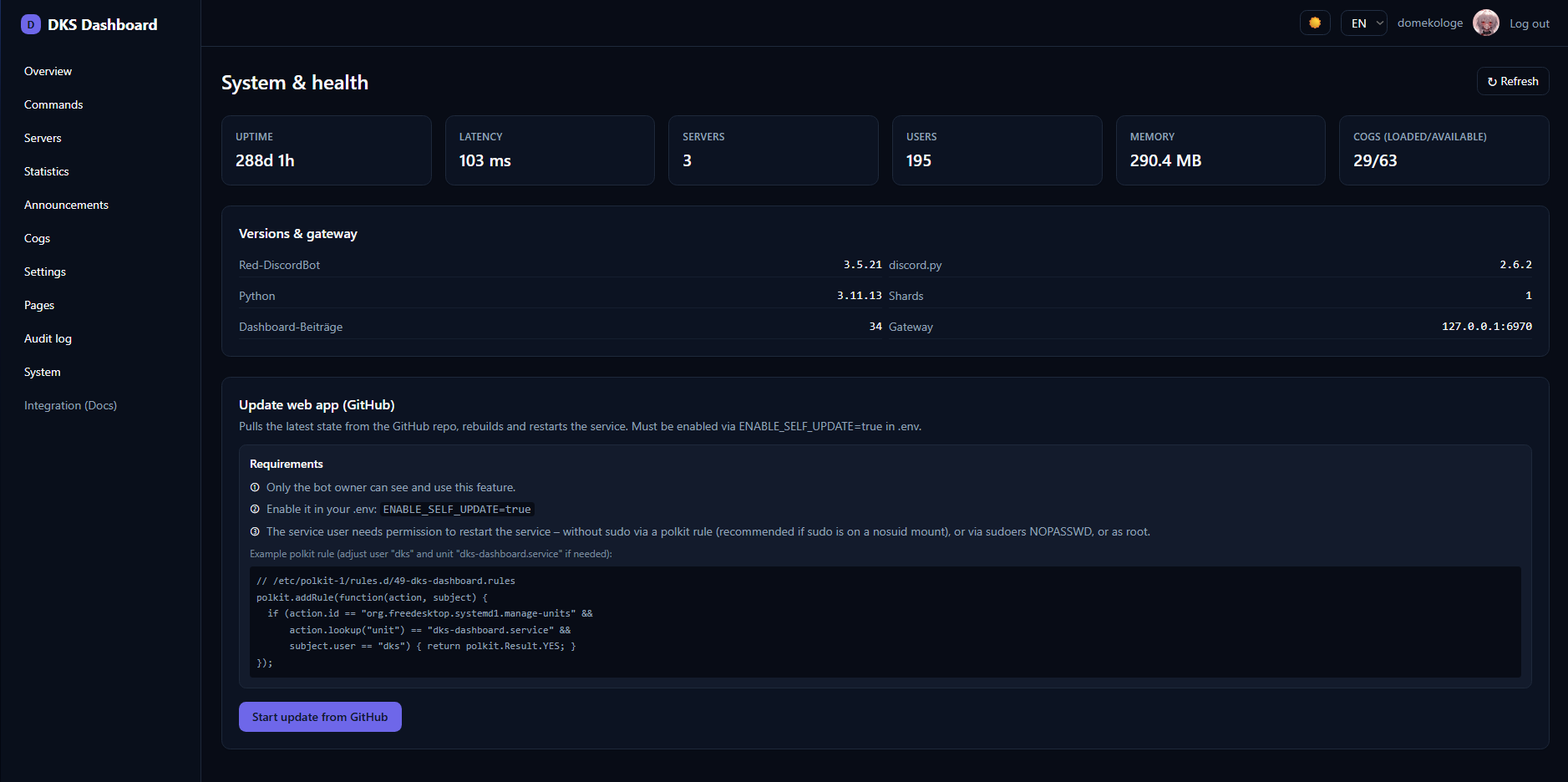 Screenshot: System-Health-Seite