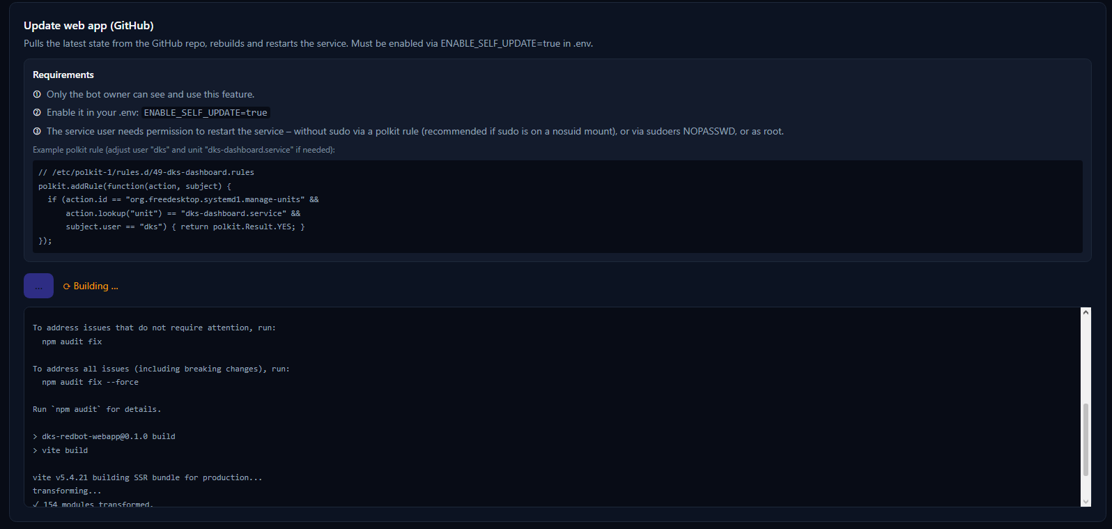 Screenshot: self-update progress on the system page